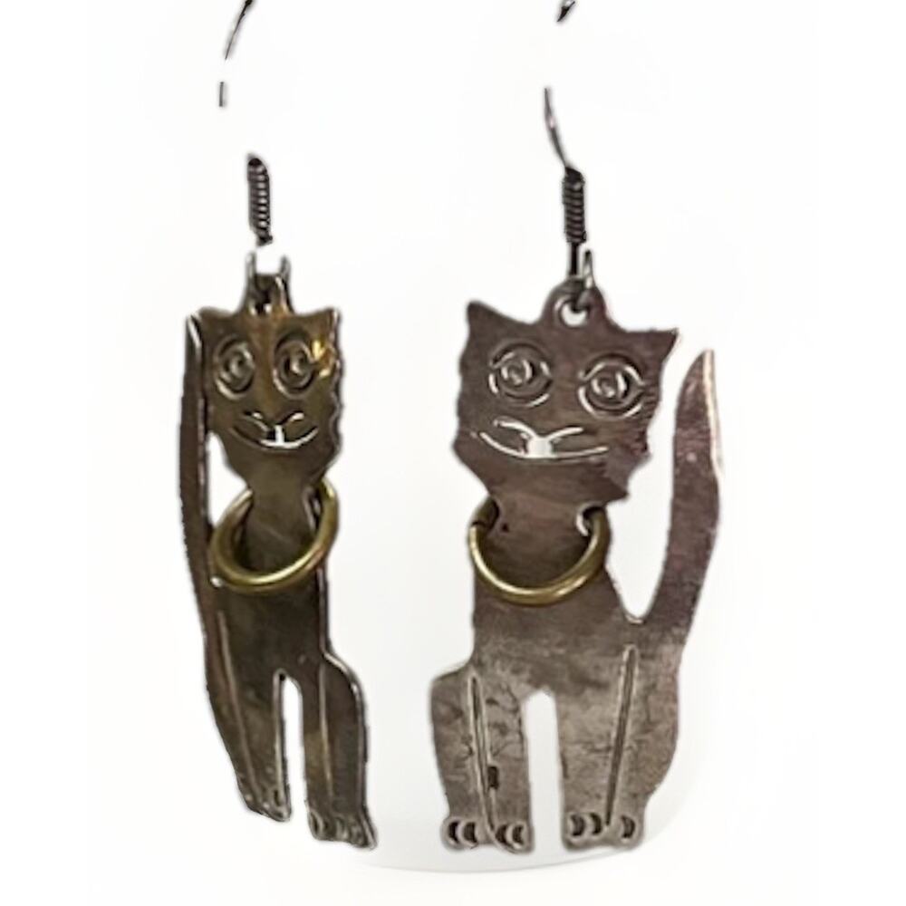 Silver and Gold Cat Dangle Earrings - Women's Jewelry - Picture 8 of 16